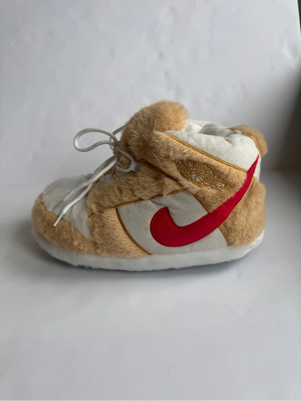 Hypebeast Plush Sneaker Slippers AJ1 Tan Red White One Size